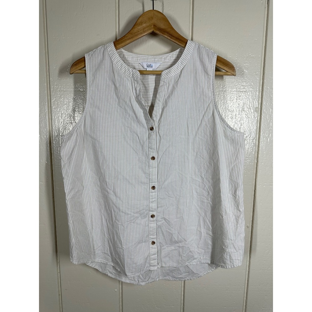 Croft & Barrow Top Womens M White Tan Striped Sleeveless Button Down Blouse 7703